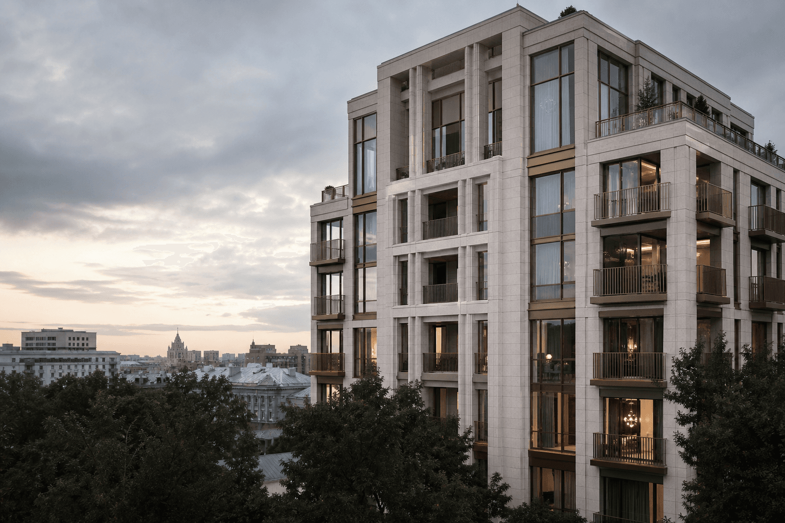 AURELIA RESIDENCES, contemporary pale-stone city residence with generous terraces