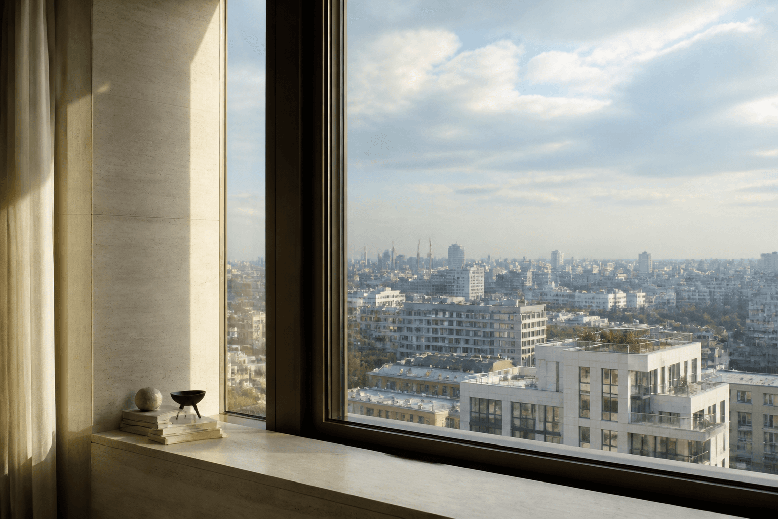 A city-center skyline framed by the windows of a residence in daylight